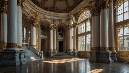 a large room with a lot of windows and a staircase, inside a palace, royal palace interior