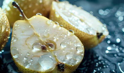 Pears fruit banner with water drops, generated ai