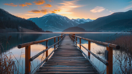 Wooden jetty leading to tranquil lake waters with mountain silhouettes at sunset