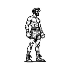 sports professional of boxing man muscle with boxing gloves black outline vector art illustration