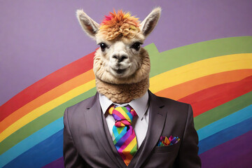 Fototapeta premium Funny alpaca in suit and tie with rainbow on background