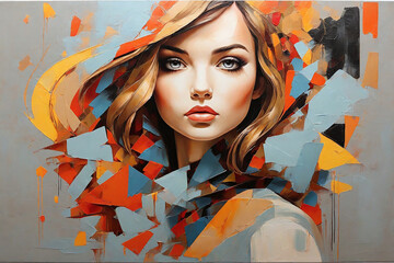 Abstract geometric colorful girl portrait oil painting. 