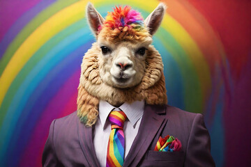 Fototapeta premium Portrait of funny alpaca in suit and tie on rainbow background