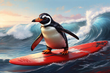 Funny penguin riding on a surfboard on ocean wave. 3D rendering