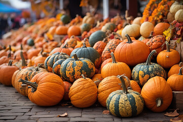 Different varieties of pumpkins on the autumn market. Autumn background.