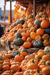 Colorful pumpkins on the autumn market. Harvest festival 