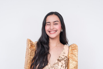 Vivacious Filipino woman winking playfully in a Champagne-colored Filipiniana dress, isolated on white background - obrazy, fototapety, plakaty