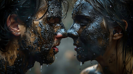 A powerful, close-up photograph captures a couple sharing an intimate moment, their faces covered in mud, with droplets of water highlighting the intensity of their connection.