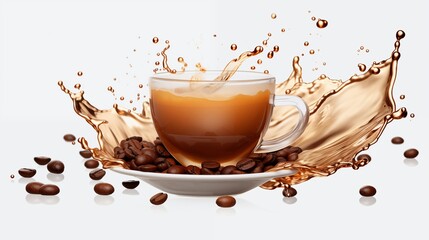 Dynamic Coffee Splash Surrounding a Transparent Cup on a Saucer with Beans Scattered