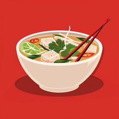 A vibrant vector wallpaper featuring an animated illustration of a steaming bowl of ramen. The bowl is filled with savory broth, adorned with noodles, slices of tender pork, boiled egg, scallions