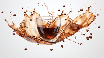 Dynamic Coffee Splash with Glass Cup and Flying Coffee Beans on White Background - obrazy, fototapety, plakaty