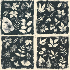 collection of leaves and flowers, stamp, monochromatic, grunge