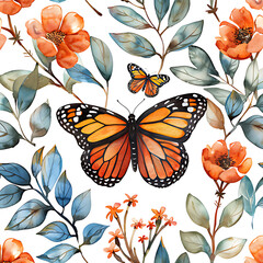 seamless patternPrinted Cuddle Minky Leaves flowers monarch butterfly