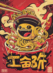 A playful cartoon illustration features a steaming bowl of Japanese noodles paired with a pair of Chinese chopsticks. The noodles, adorned with savory broth and toppings, exude warmth and flavor