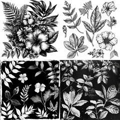 collection of leaves and flowers, stamp, monochromatic, grunge