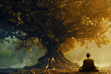 Silhouette of the Meditating Buddha under the Bodhi tree, buddhism culture, green and golden hues. buddha purnima day.