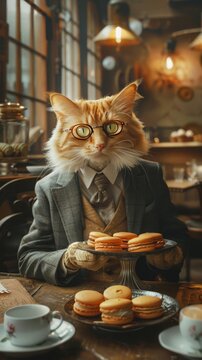 Naklejki A cat wearing glasses and a suit is sitting at a table with a plate of pastries