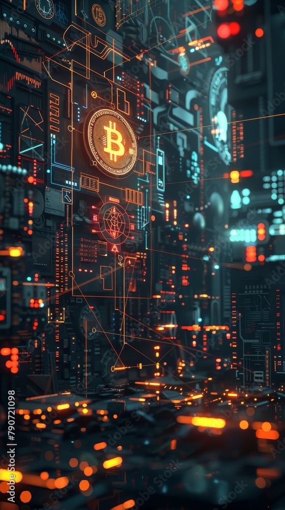 Poster a computer generated image of a city with a large b on it