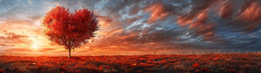 Love Symbol Heart Shape Tree Red Leaves Sunset Panorama