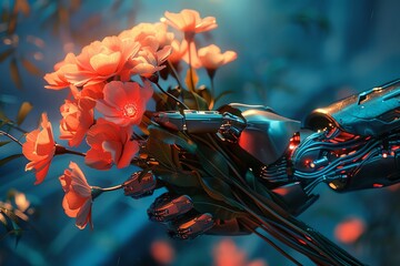 A bouquet of neon flowers held by a robotic hand, the flowers casting an eerie glow on the chrome surface of the robot