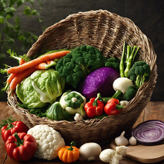 vegetable on a basket including carrot broccoli lettuce tomatoes radishes 