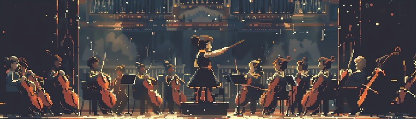 Pixel art of a girl conducting a symphony orchestra, musicians in action, detailed instruments