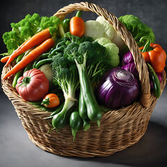 vegetable on a basket including carrot broccoli lettuce tomatoes radishes 