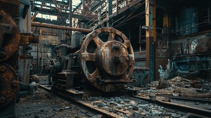 Abandoned shipyard, eerie silence, decaying structures, rusted machinery, haunting atmosphere