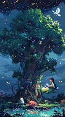 Pixel art of a girl reading a book under a giant tree, surrounded by magical creatures