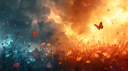 Nature's Dichotomy: Contrast of Butterflies and Flowers in Stormy and Sunny Scenes - obrazy, fototapety, plakaty