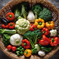 vegetable on a basket including carrot broccoli lettuce tomatoes radishes 