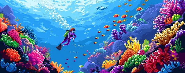 Fototapeta na wymiar Pixel art of a girl scuba diving near a coral reef with colorful fish swimming around