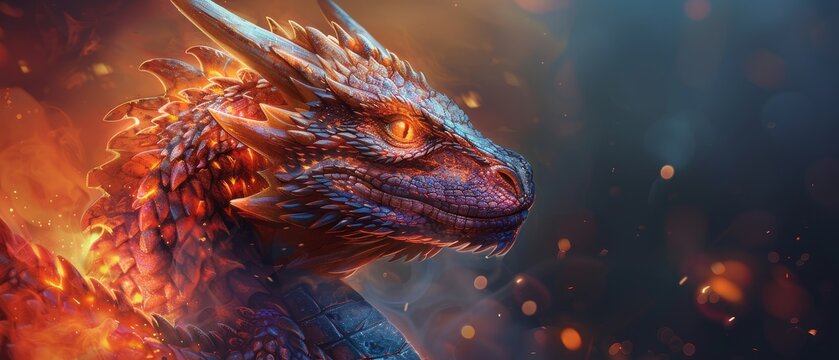A dragon with red scales and glowing eyes is shown in a fiery background