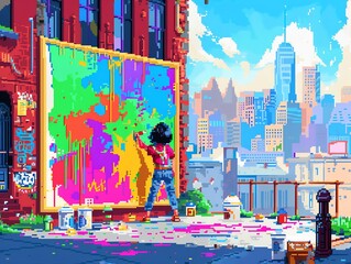 Pixel art scene of a girl painting a mural on an urban street, vibrant colors, city backdrop