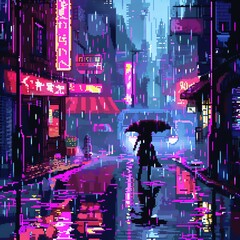 Pixel art scene of a girl detective chasing a suspect through a rainy, neon-lit cityscape