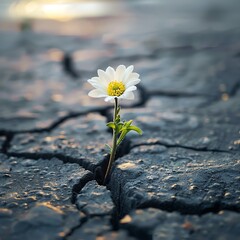 A single blooming flower pushing through cracked pavement, symbolizing the resilience of faith in challenging times