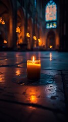 A single candle flickering in the darkness of a vast cathedral, representing hope and resilience
