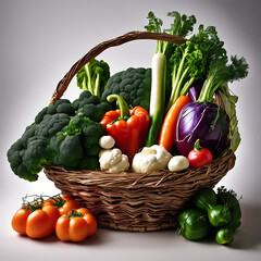 vegetable on a basket including carrot broccoli lettuce tomatoes radishes 