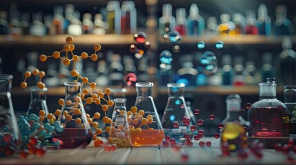 Chemistry lab with beakers and molecules - obrazy, fototapety, plakaty
