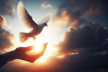 Dove flies off your hand. Hope and freedom concept. International day of peace. Blurred background