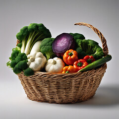 vegetable on a basket including carrot broccoli lettuce tomatoes radishes 