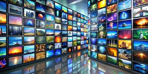 A wall of televisions displaying various types and brands. Perfect for illustrating technology, media, or advertising concepts