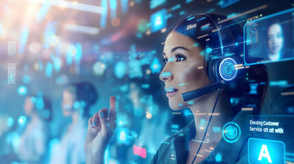 Elevating customer service with blue technology hologram of Digital on screen network, Staff women with headsets and AI interfaces. Call center with Technology Internet and network concept - obrazy, fototapety, plakaty