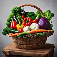 vegetable on a basket including carrot broccoli lettuce tomatoes radishes 