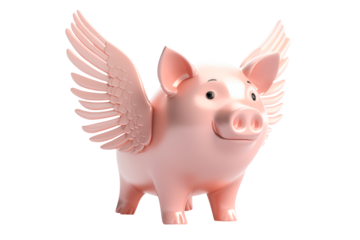 Flying piggy bank with wings isolated on a white or transparent background. Close-up of a flying pink piggy bank with wings, side view. Concept of saving money for dreams. Graphic design element.