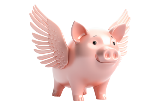 Flying piggy bank with wings isolated on a white or transparent background. Close-up of a flying pink piggy bank with wings, side view. Concept of saving money for dreams. Graphic design element.