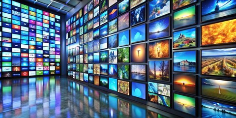 A wall of televisions displaying various types and brands. Perfect for illustrating technology, media, or advertising concepts