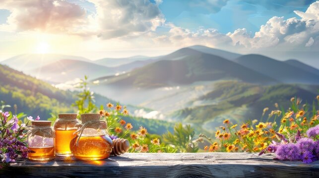 Assortment of honey varieties displayed in jars on a wooden surface amidst a picturesque mountain landscape with blooming flowers
