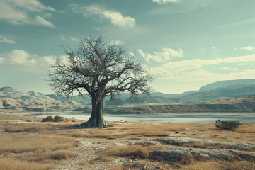 dried landscape with a dead tree, climate change and crisis, emergency, global warming of the earth, greenhouse gases