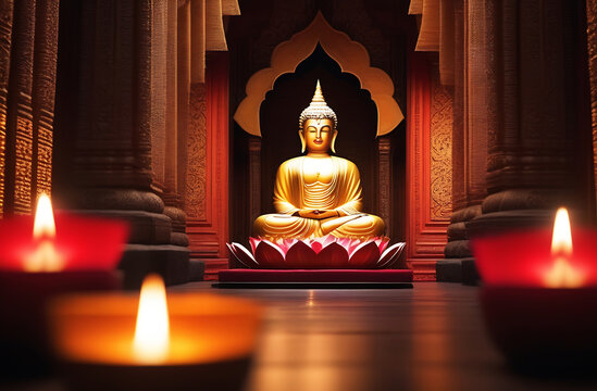 Vesak Day Concept: Buddha with Burning Candles